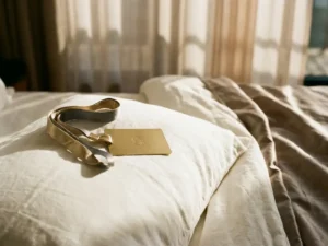 Hotel room key card and event lanyard resting on a white pillow of a luxury bed in soft evening light.