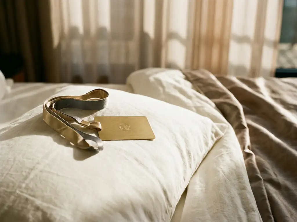 Hotel room key card and event lanyard resting on a white pillow of a luxury bed in soft evening light.