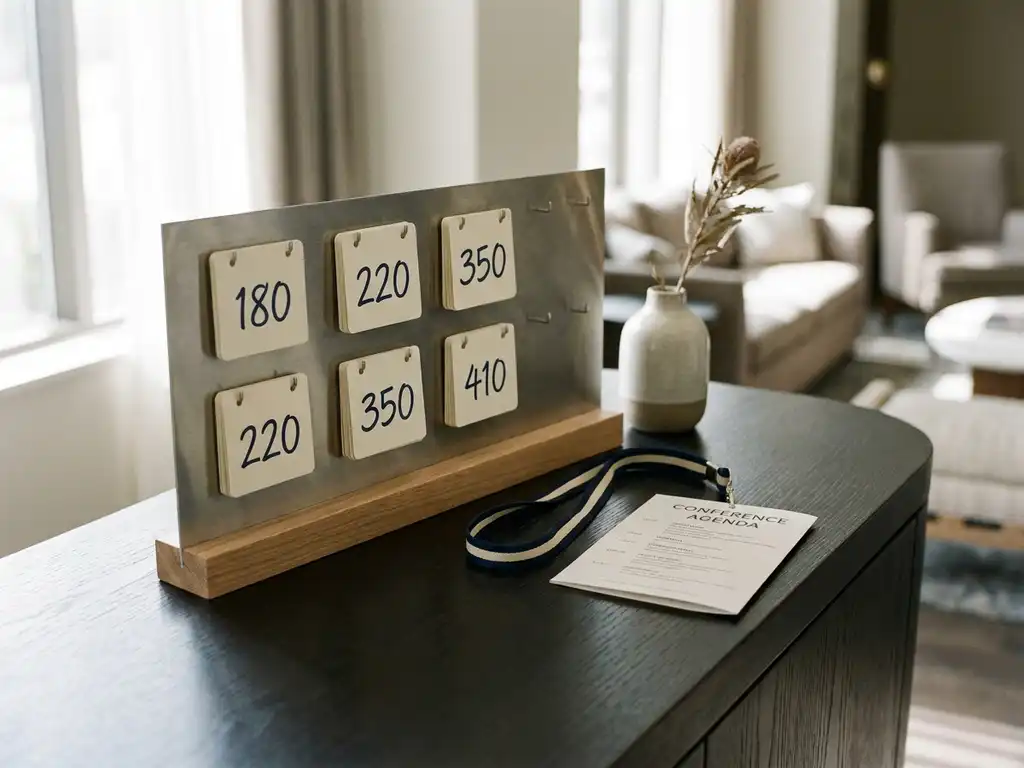 Hotel room rate display board with fluctuating price tags on a concierge desk beside a conference lanyard and event schedule.