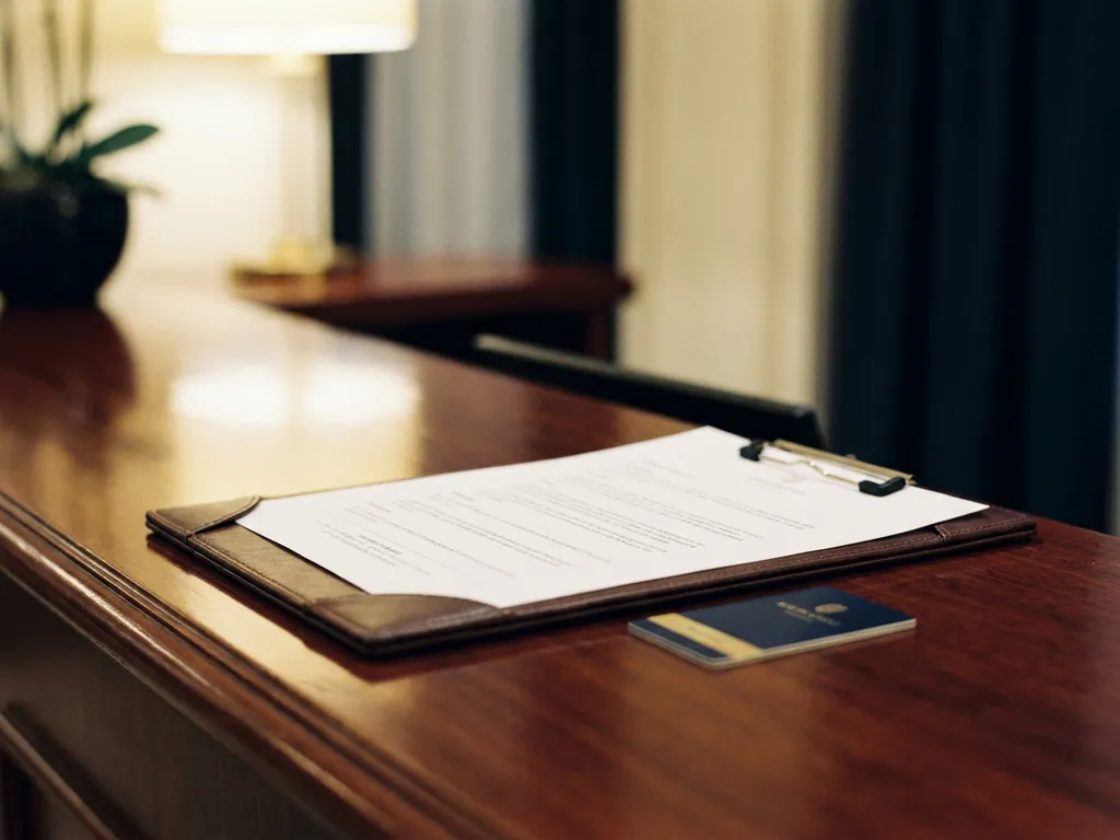 Hotel conference clipboard with printed rooming list and room key card on a polished mahogany front desk in warm lobby lighting.