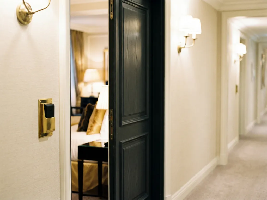 Hotel suite door slightly ajar revealing a warmly lit upgraded room, brass keycard holder mounted beside it in a cream and gold corridor.
