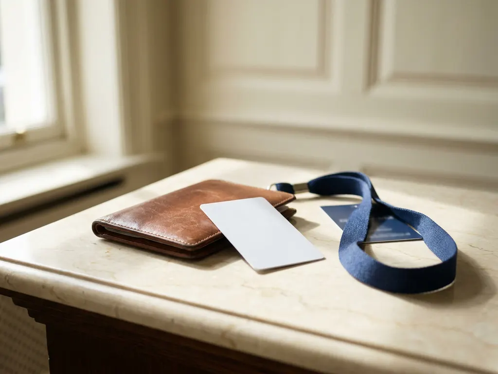 Leather passport and hotel key card on a marble concierge desk with a conference lanyard, soft side lighting highlighting natural textures.