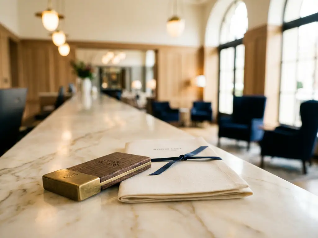 Luxury hotel key card beside a folded room list on a marble reception desk, warm ivory and navy lobby softly lit in background.