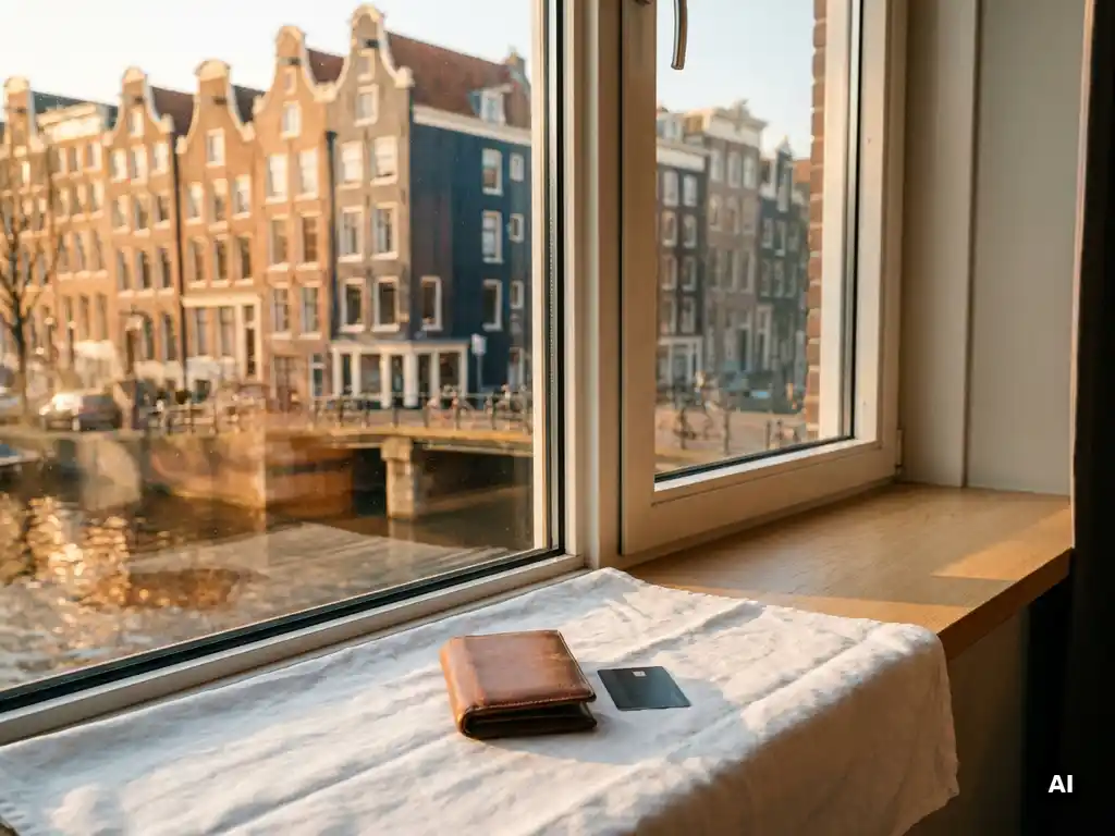 Leather travel wallet and hotel keycard on a windowsill overlooking Amsterdam's canal district at golden hour.