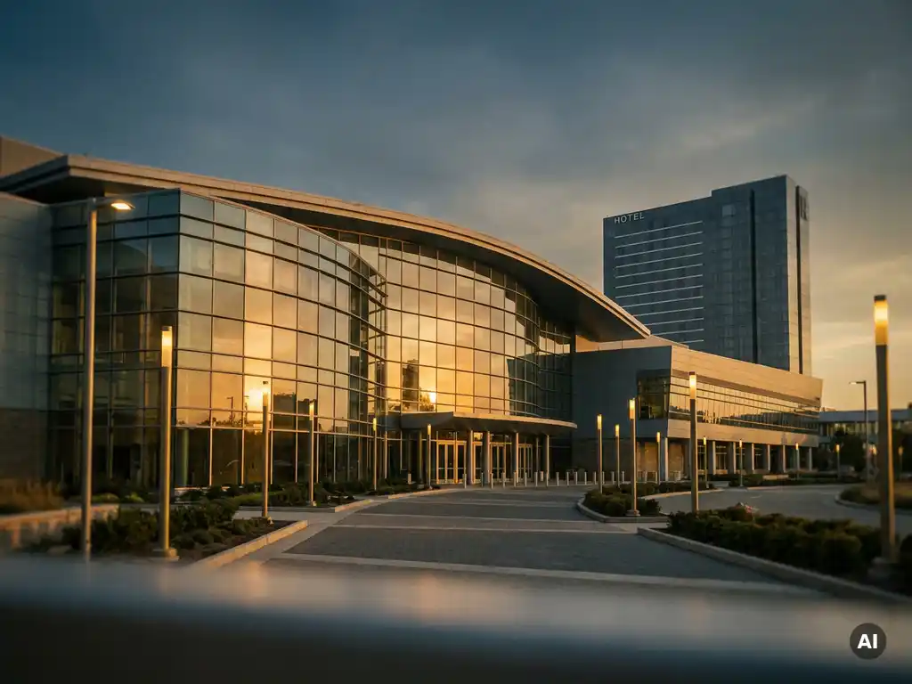 Modern convention center at golden hour with glass facade reflecting amber light, hotel tower in background, manicured pathways leading to entrance.