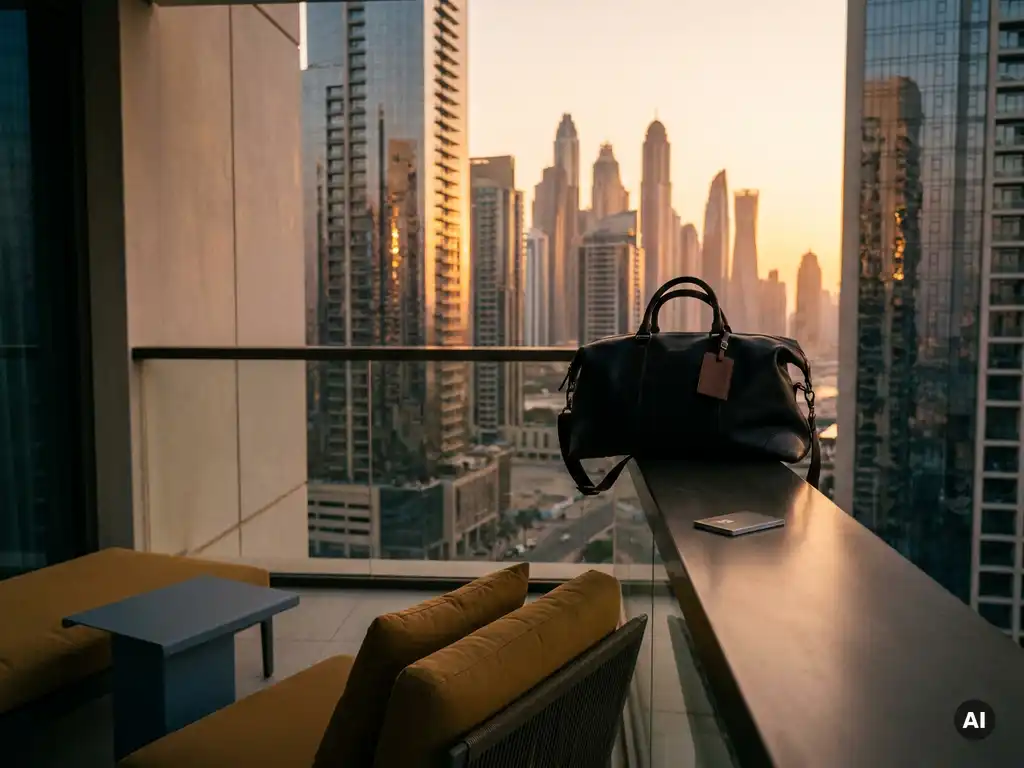Hotel balcony with packed travel bag and keycard overlooking Dubai's glass skyline at golden hour.