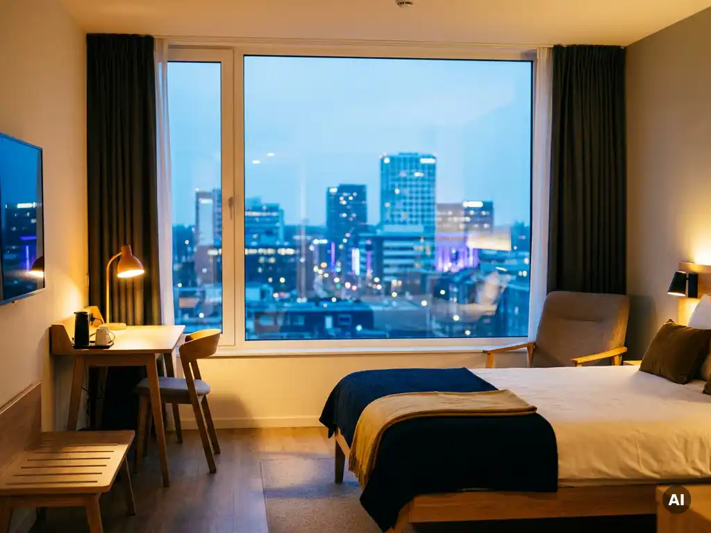 Hotel room window view of Eindhoven's illuminated tech district skyline at dusk, warm amber interior contrasting with cool blue city glow.