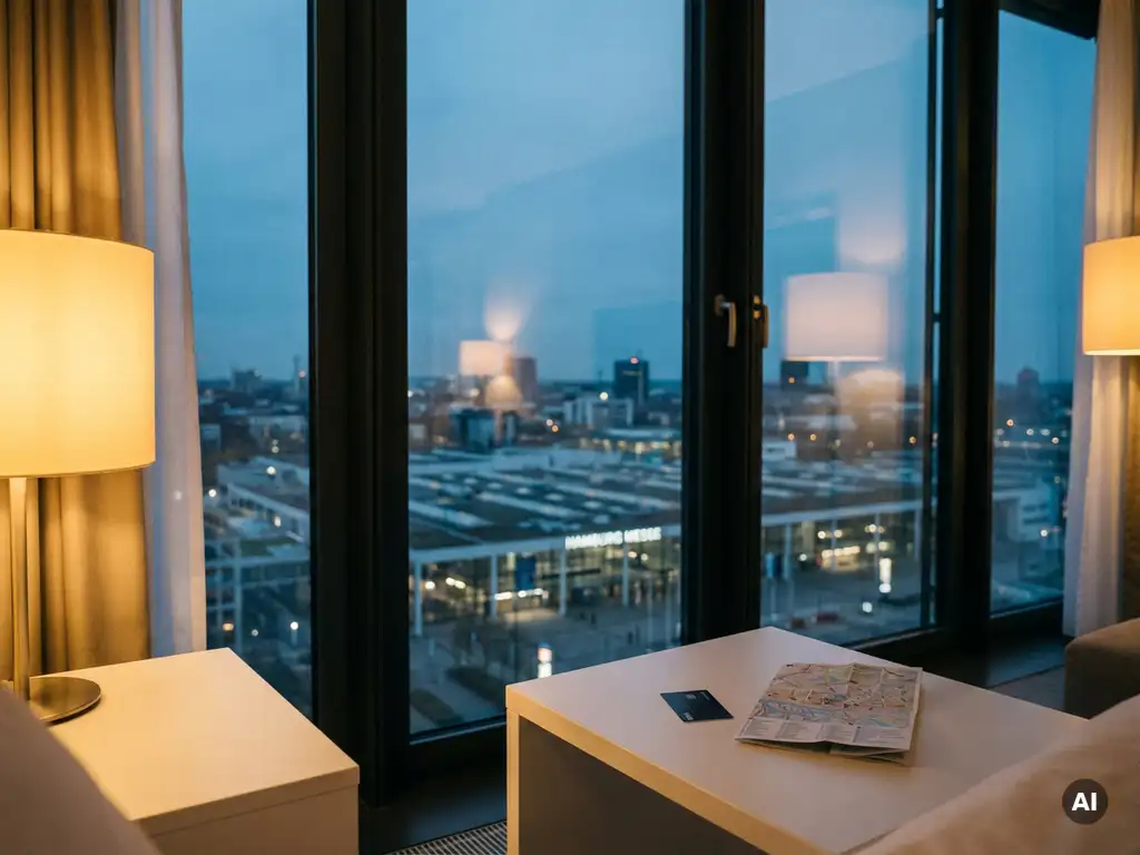 Hotel room window at dusk overlooking Hamburg Messe exhibition halls, with a key card and city map on a white bedside table.