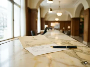 Hotel booking confirmation document on marble front desk with pen, soft lobby background in ivory, navy, and gold tones.