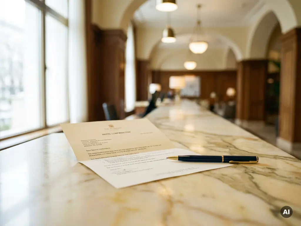 Hotel booking confirmation document on marble front desk with pen, soft lobby background in ivory, navy, and gold tones.