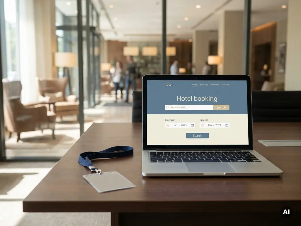 Laptop showing hotel booking interface on conference table beside event lanyard and badge, with blurred hotel lobby visible through glass windows.