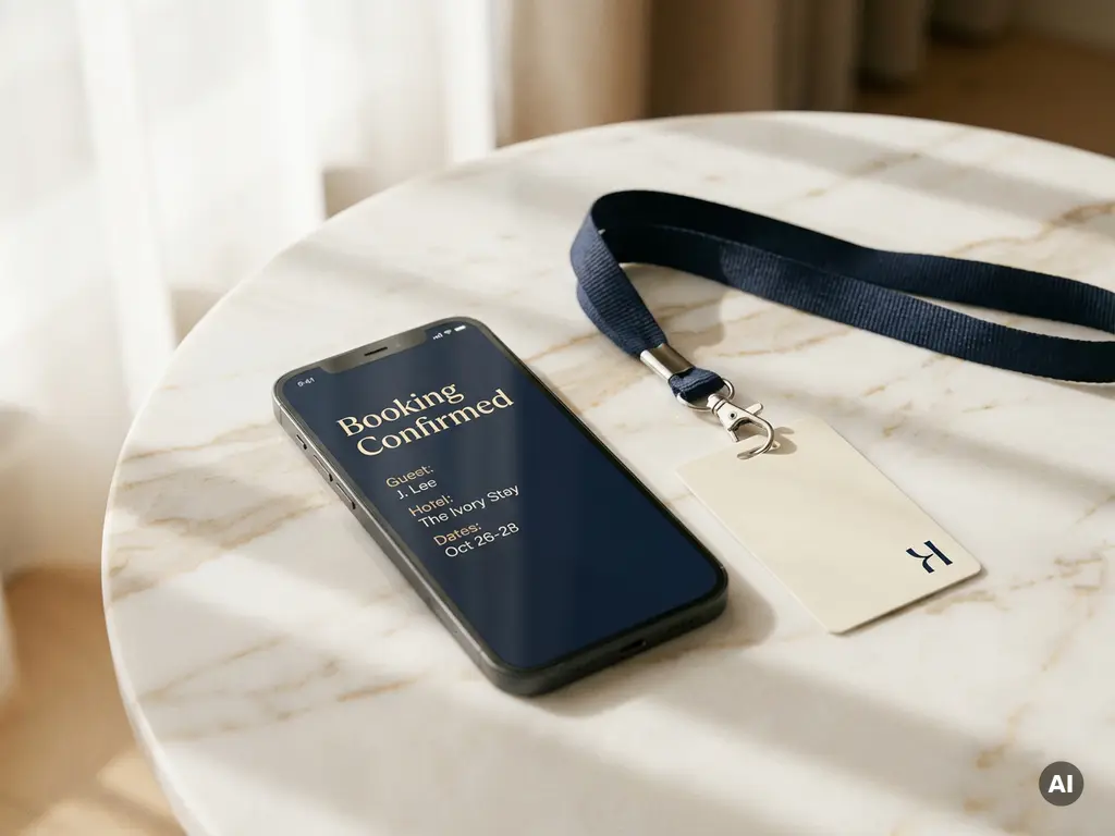 Smartphone showing hotel booking confirmation on marble surface beside conference lanyard and room key card in warm natural light.