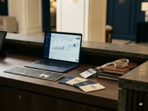 Hotel concierge desk with laptop showing live booking dashboard, numbered room cards, and conference lanyard under warm lobby lighting.