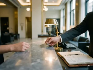 Hotel concierge sliding a conference room key card across a marble front desk, leather booking portfolio open beside warm brass fixtures.