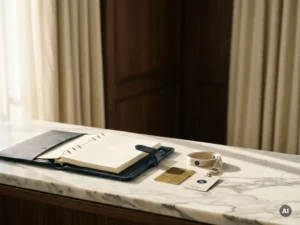 Hotel concierge desk with open planner, room key card, and conference badge on polished marble surface.
