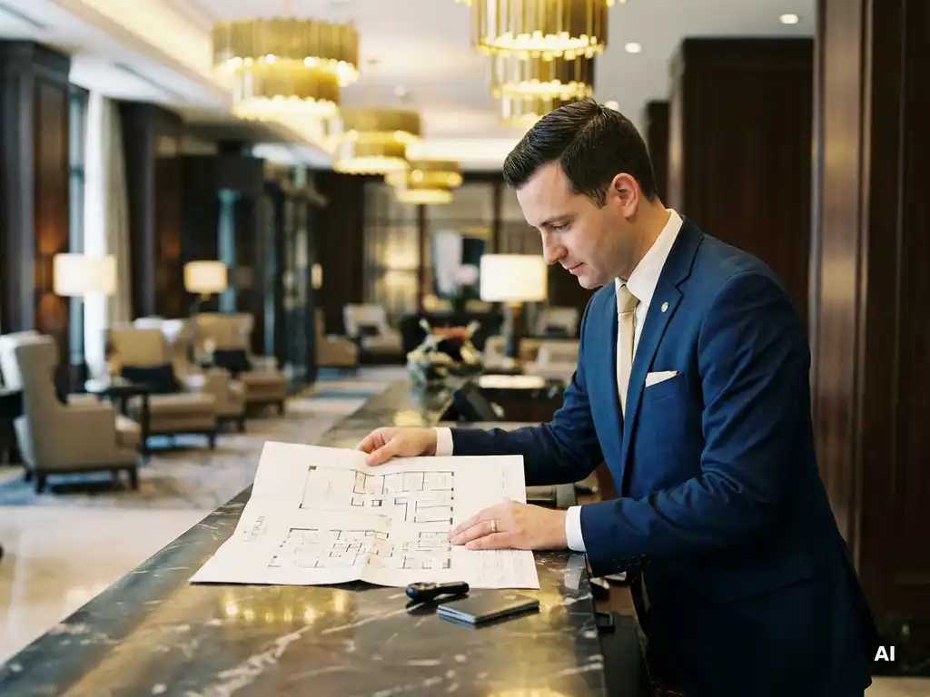 Hotel concierge in a tailored suit reviewing an event floor plan at a marble front desk, room key and earpiece nearby, grand lobby softly lit behind.
