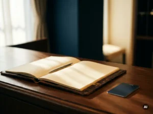 Leather-bound group reservation folder open on a hotel concierge desk beside a room key card and elegant pen, warm ivory and navy tones.