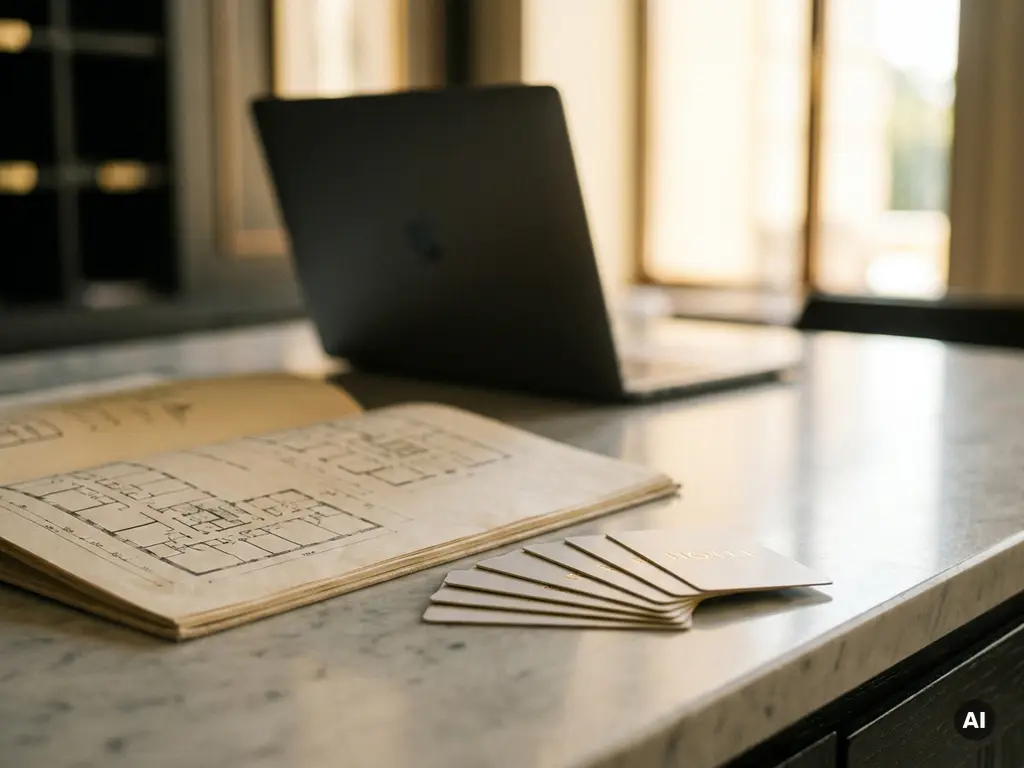 Hotel concierge desk with fanned keycards beside an open event floor plan, laptop softly blurred in background on marble surface.
