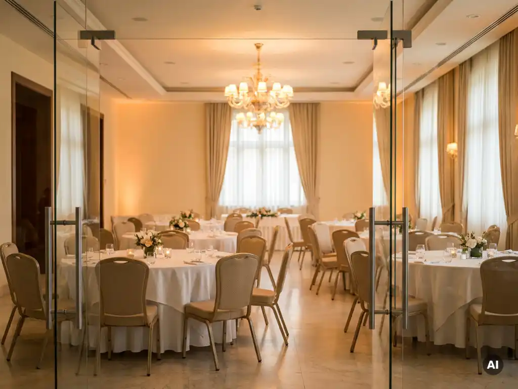 Hotel conference room with round banquet tables, white linens, and chandelier lighting visible through tall glass doors.