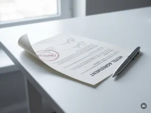 Signed hotel contract document under a silver pen on a white desk, with a red cancellation stamp partially visible beneath the paper edge.