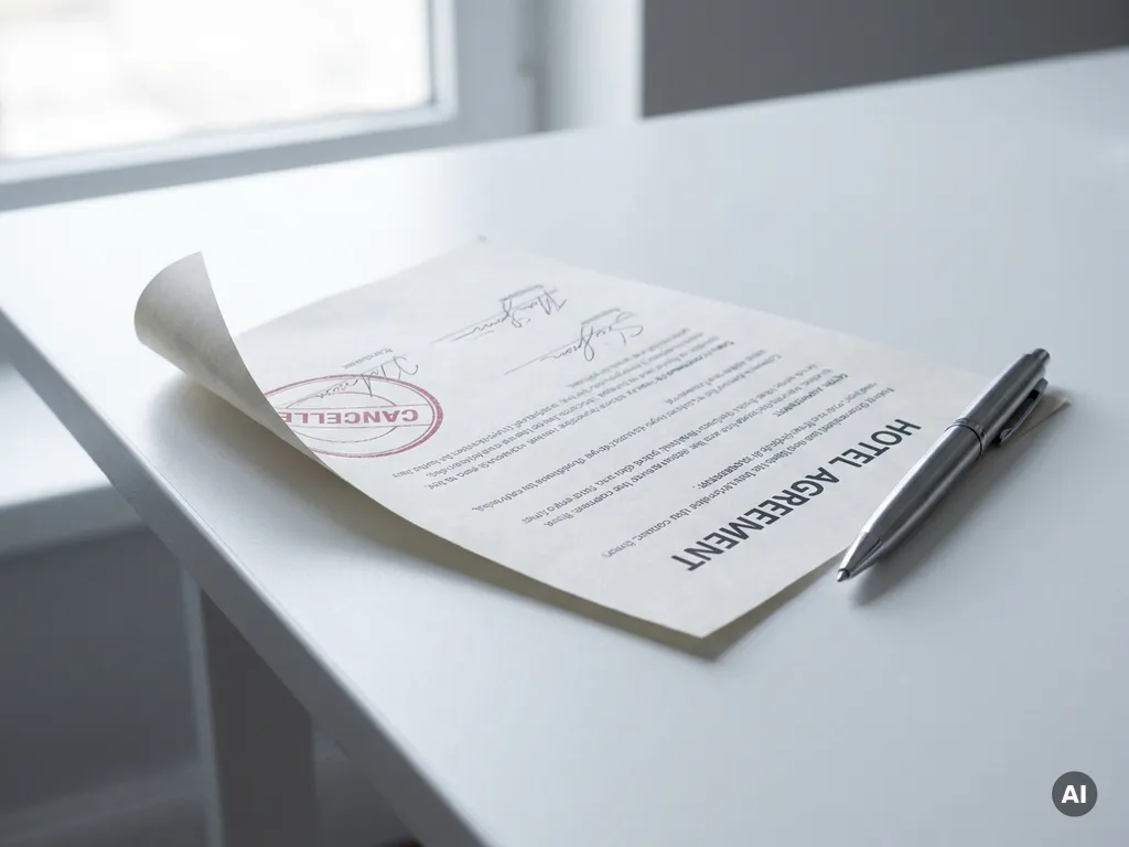 Signed hotel contract document under a silver pen on a white desk, with a red cancellation stamp partially visible beneath the paper edge.