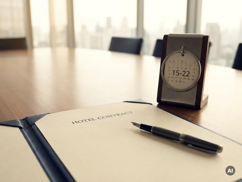 Hotel contract document and pen on a conference room table with a city skyline visible through floor-to-ceiling windows.