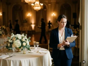 Hotel event coordinator reviewing clipboard at banquet hall entrance beside a round table with floral centerpieces and warm chandelier lighting.
