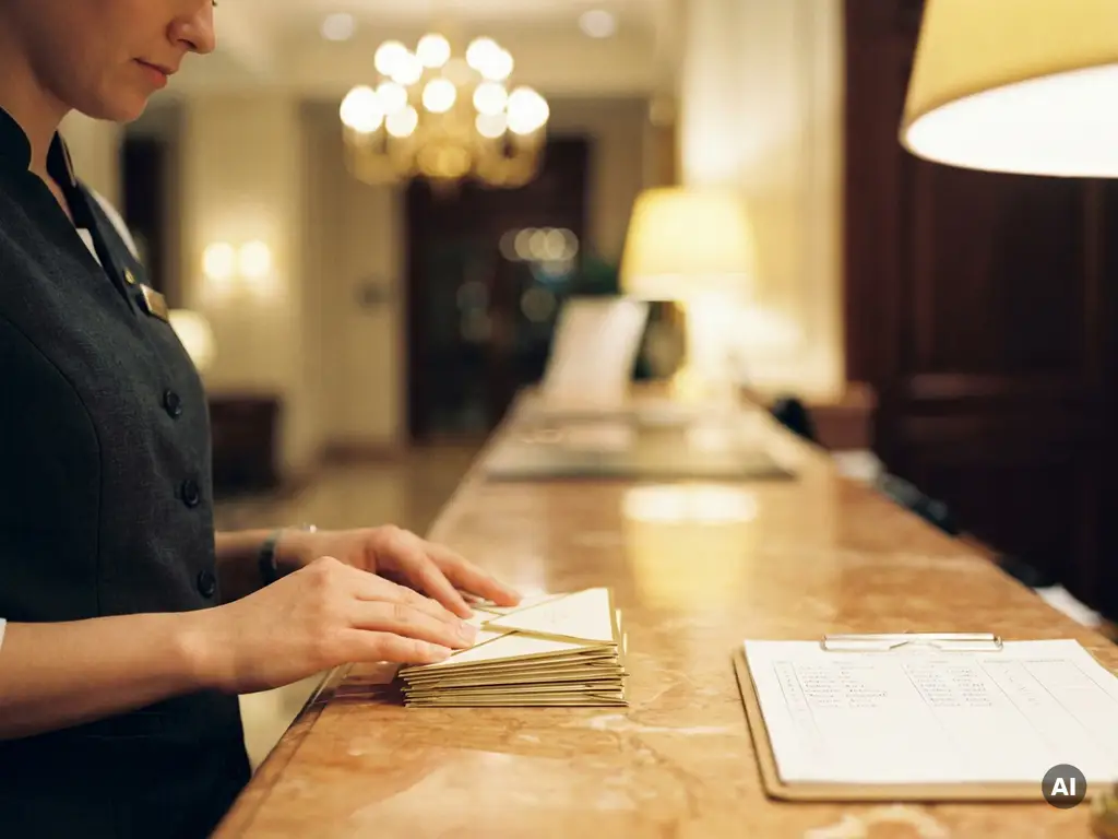 Hotel front desk attendant organizing key card envelopes beside a group roster clipboard on a marble reception counter.