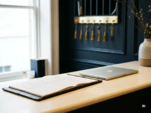 Hotel front desk with open leather room availability ledger beside a laptop, brass key rack softly lit in the background.