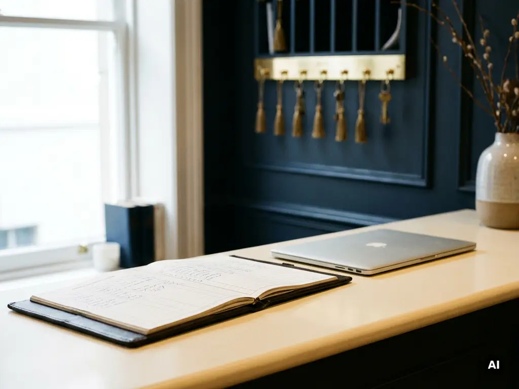 Hotel front desk with open leather room availability ledger beside a laptop, brass key rack softly lit in the background.