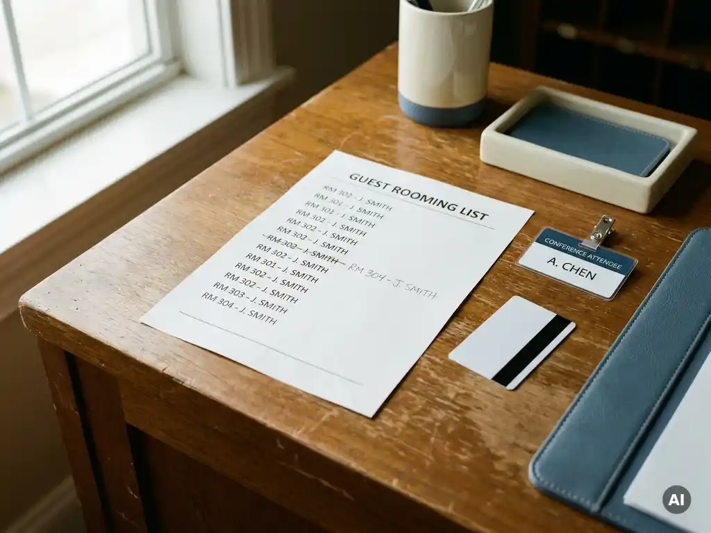 Hotel front desk with a printed guest rooming list, one line crossed out and corrected in pencil, beside a room key card and conference name badge.