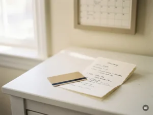 Hotel room key card beside a folded travel itinerary on a white desk, blurred wall calendar in background.