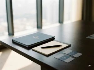 Hotel brochure, notepad with pen, and two keycards on a conference room table bathed in soft natural light.