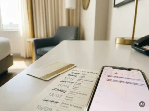 Hotel room key card beside a printed event schedule with crossed-out dates and a calendar app on a smartphone, warm diffused light.