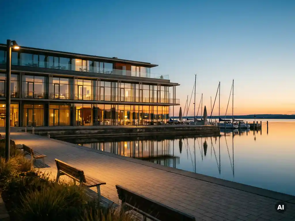 Modern hotel facade with floor-to-ceiling windows reflecting Lake Constance at golden hour, sailboat masts visible at a marina behind a lakeside promenade.