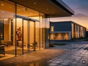 Hotel lobby entrance at golden dusk with warm amber light spilling through tall glass doors onto a stone walkway, conference center visible across the street.