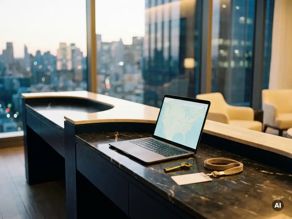 Hotel lobby desk with open laptop showing a map interface, brass room key, and conference lanyard, bathed in golden afternoon light with city skyline beyond.