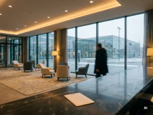 Hotel lobby with marble reception desk and key card overlooking NürnbergMesse glass exhibition halls through floor-to-ceiling windows in winter light.