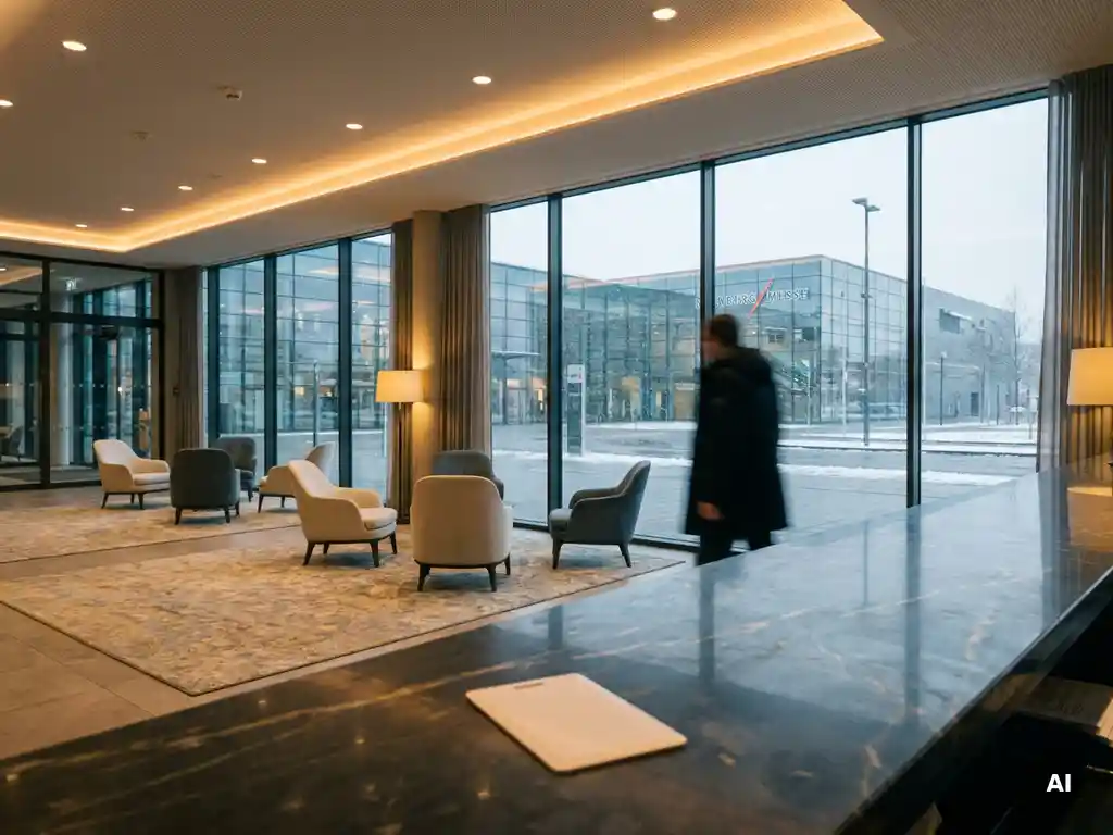Hotel lobby with marble reception desk and key card overlooking NürnbergMesse glass exhibition halls through floor-to-ceiling windows in winter light.