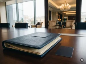 Hotel proposal document folder and room key card on a polished conference table, with a luxury hotel lobby visible in the background.
