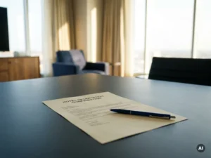 Hotel reservation confirmation document on a conference table with a pen resting diagonally across it, soft natural light from floor-to-ceiling windows.