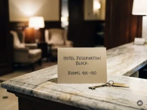 Hotel room block reservation card and brass key on a polished marble front desk in soft, warm lobby lighting.