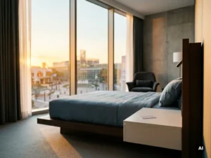 Modern hotel room with floor-to-ceiling windows overlooking a convention center at golden hour, room key card on white bedside table.