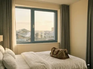 Hotel room bed with packed travel bag and window view of Messe Essen exhibition halls in warm afternoon light.