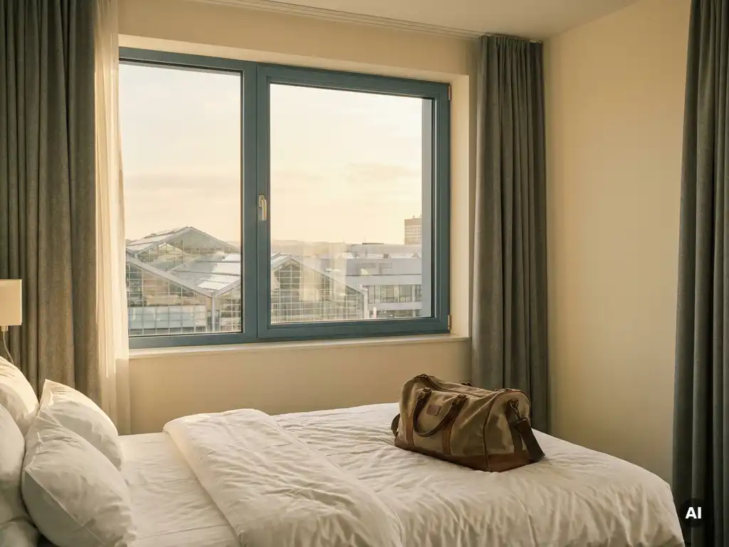 Hotel room bed with packed travel bag and window view of Messe Essen exhibition halls in warm afternoon light.