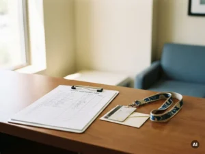 Hotel rooming list on a clipboard beside a key card and conference lanyard on a polished front desk, soft natural light.