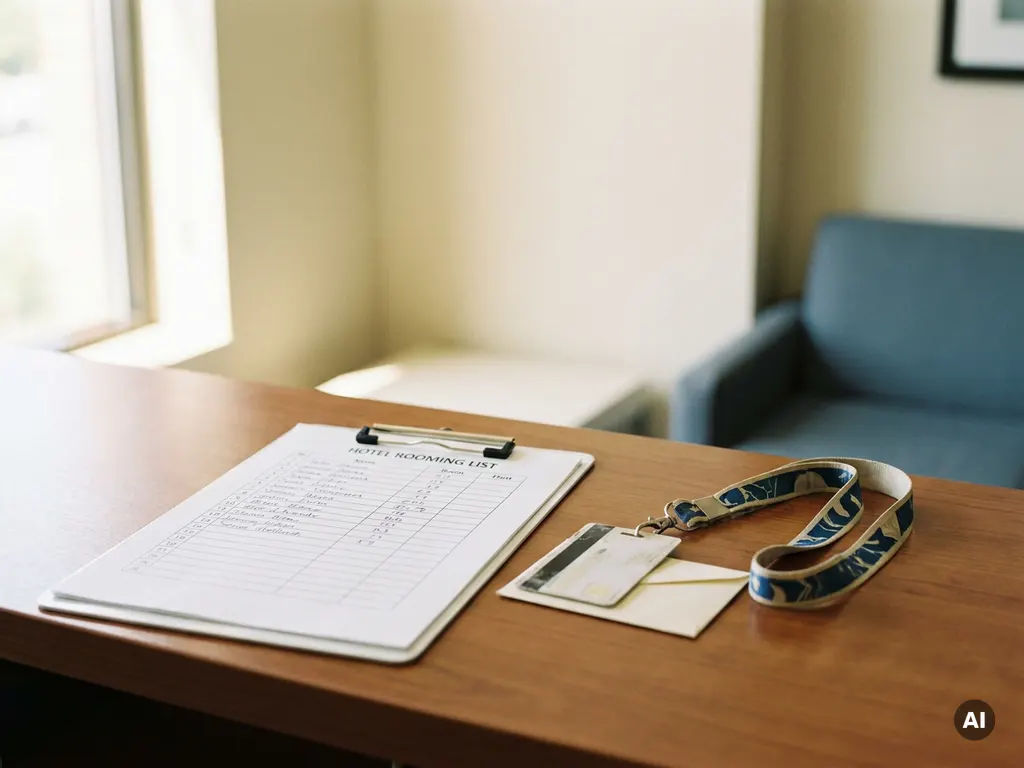 Hotel rooming list on a clipboard beside a key card and conference lanyard on a polished front desk, soft natural light.