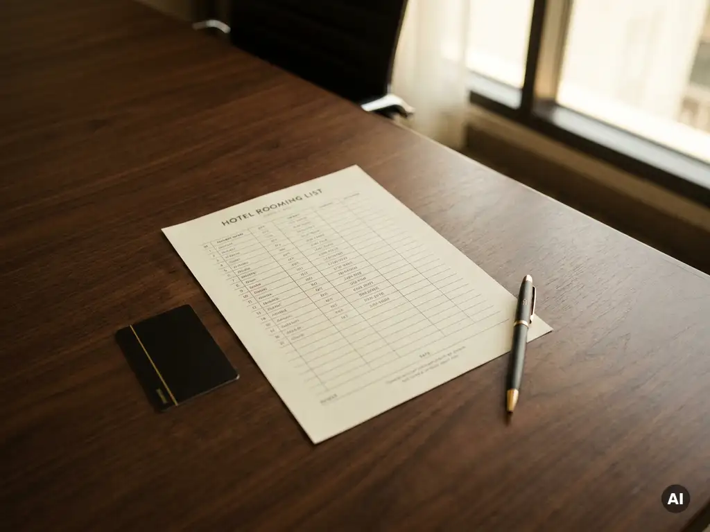 Hotel rooming list on white paper beside a keycard and pen on a dark wood conference table, lit by warm natural light.
