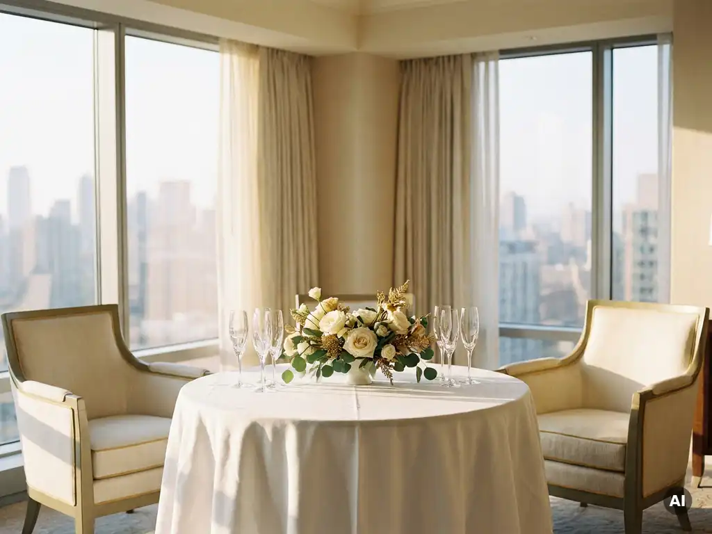 Elegant hotel suite set for a private event with champagne flutes, floral centerpiece, and city skyline views in warm afternoon light.