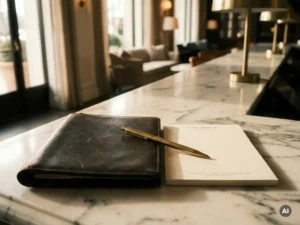 Polished leather portfolio and hotel concierge notepad on a marble reception desk, connected by an elegant pen in warm brass-toned lobby light.